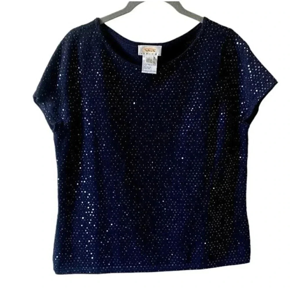 Talbots Beaded Sequin Short Sleeve Merino Wool Sweater Top Black Size L Party